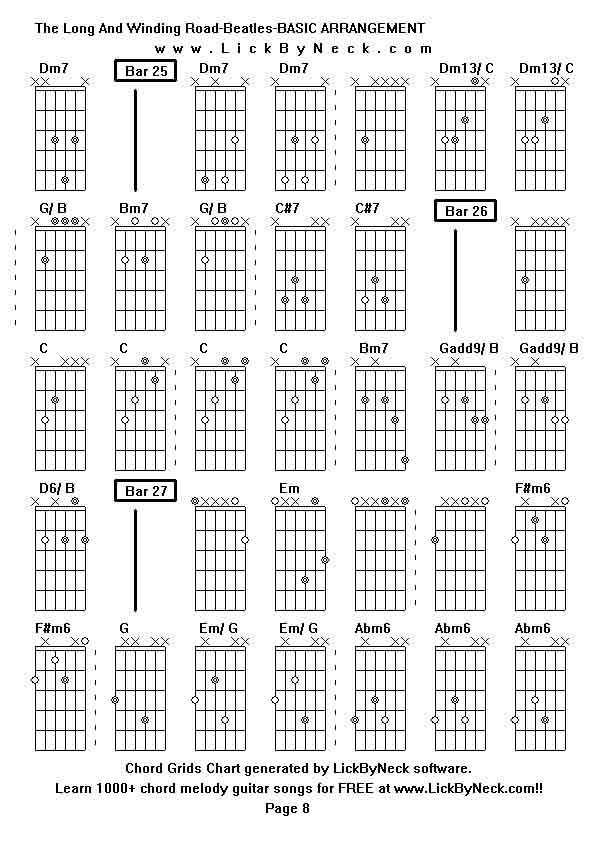 Chord Grids Chart of chord melody fingerstyle guitar song-The Long And Winding Road-Beatles-BASIC ARRANGEMENT,generated by LickByNeck software.